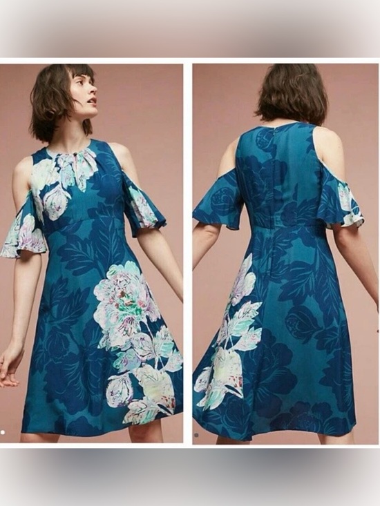 Maeve Dresses & Skirts - Maeve Teal Floral Cold-Shoulder Midi Dress